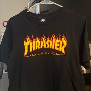 Thrasher Cropped Black Tee with Fiery Logo
